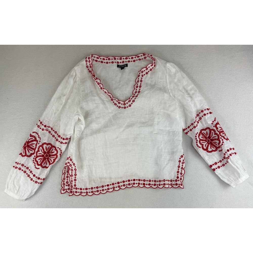 J.Crew Embroidered Linen Top Womens Small White Red Eyelet Scallop BR741